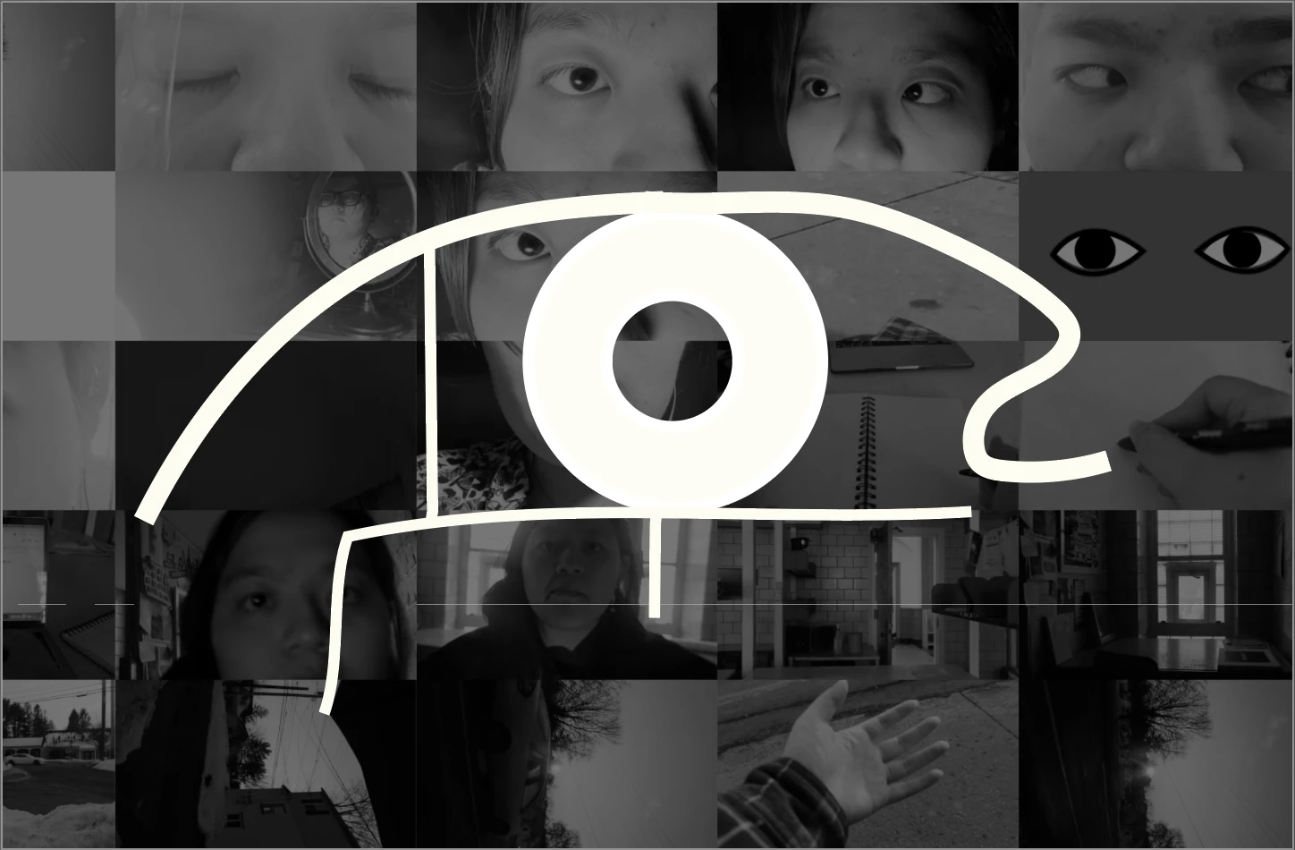 A 5 by 5 grid of photos in dark greys and black and white of college activities with a logo drawn in white of an abstract eye with the letters TFOS the title of the final video with the o filled expect for a smaller hole. The freshly open sky.