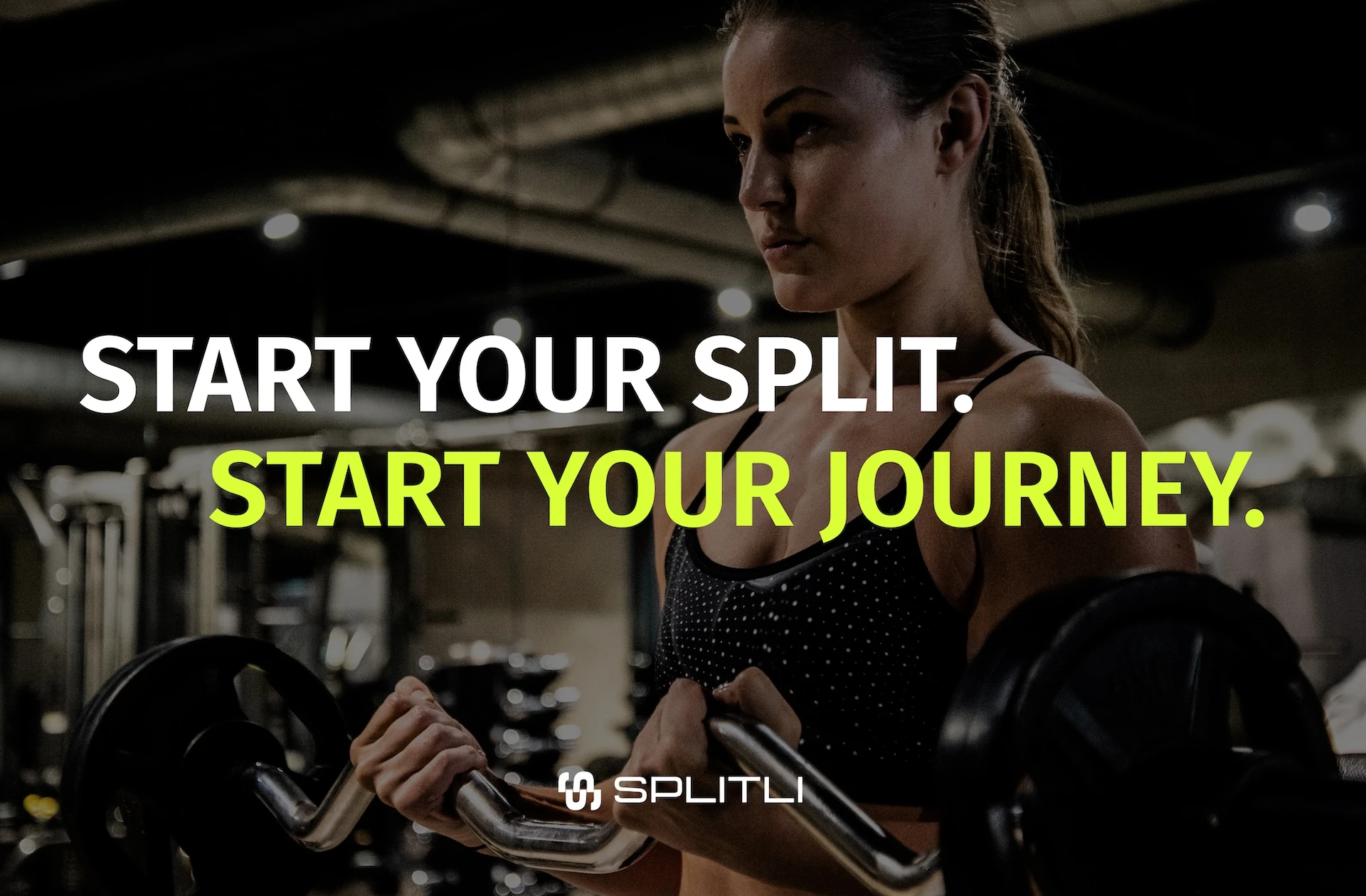 Splitli promotional horizontal layout. A woman in a black and white polka dot sports bra working out in the gym. She is pictured to her left, curling an EZ curl bar with weights on both sides. The text on the image reads “Start Your Split. Start Your Journey.”