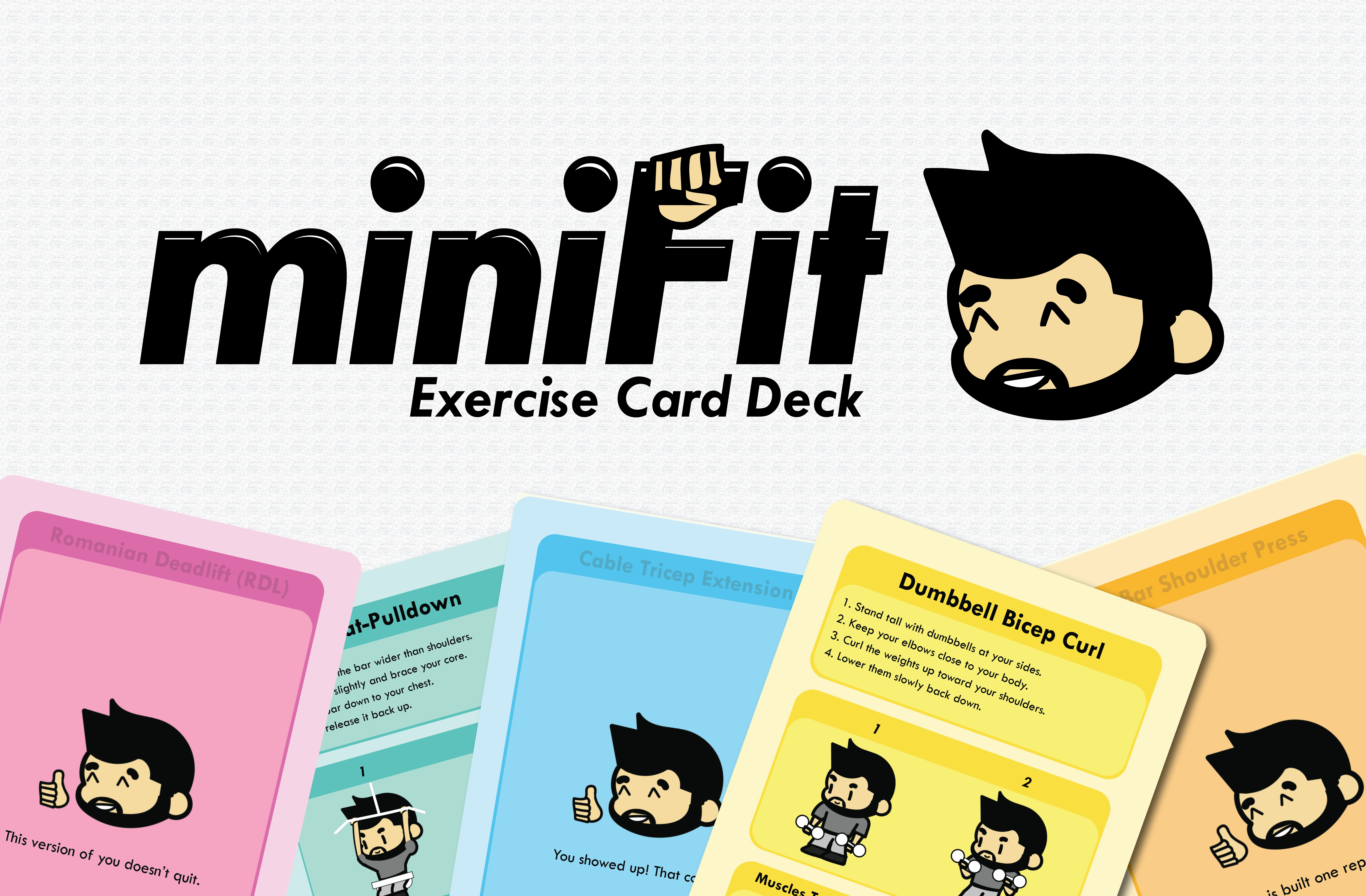 "miniFit" exercise card deck logo with a simple cartoon trainer face and colorful workout cards on the bottom.