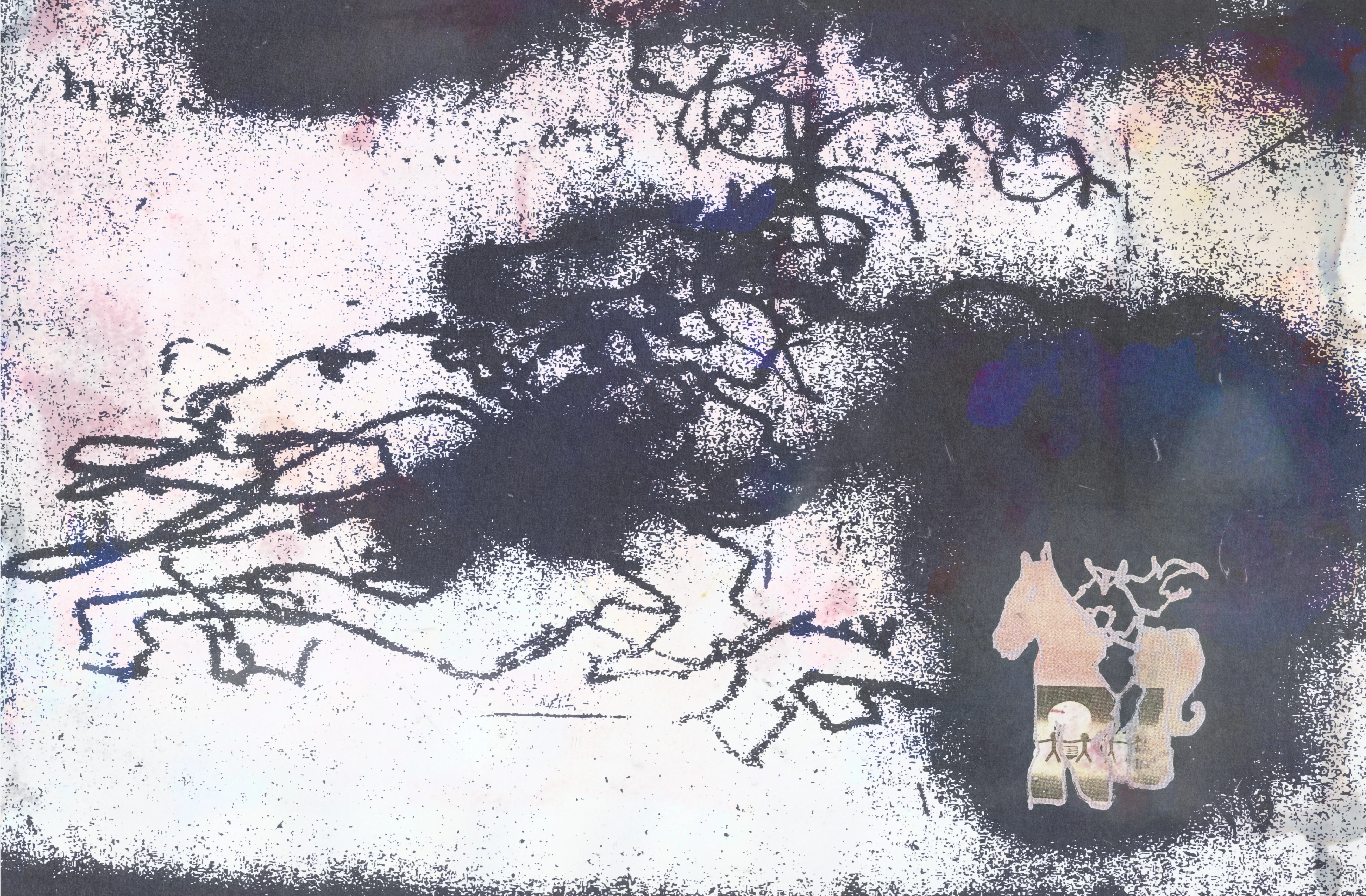 A colorful abstraction of cartoon characters combined, with texture.
