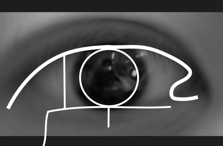 A background photo of a black and white an eye blurred with a thinner version of the same logo