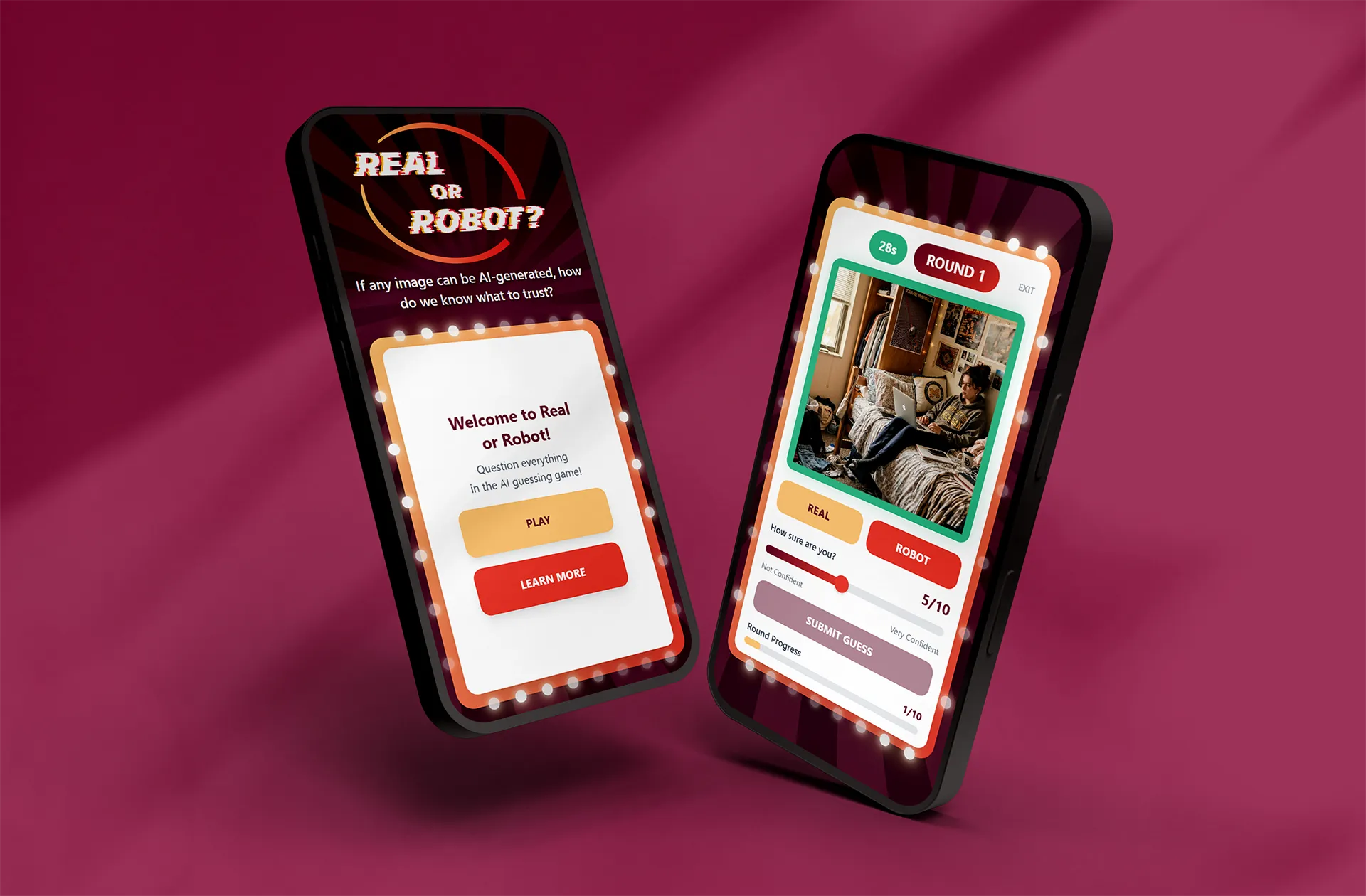 Mobile phone mockup with main menu and gameplay screens
