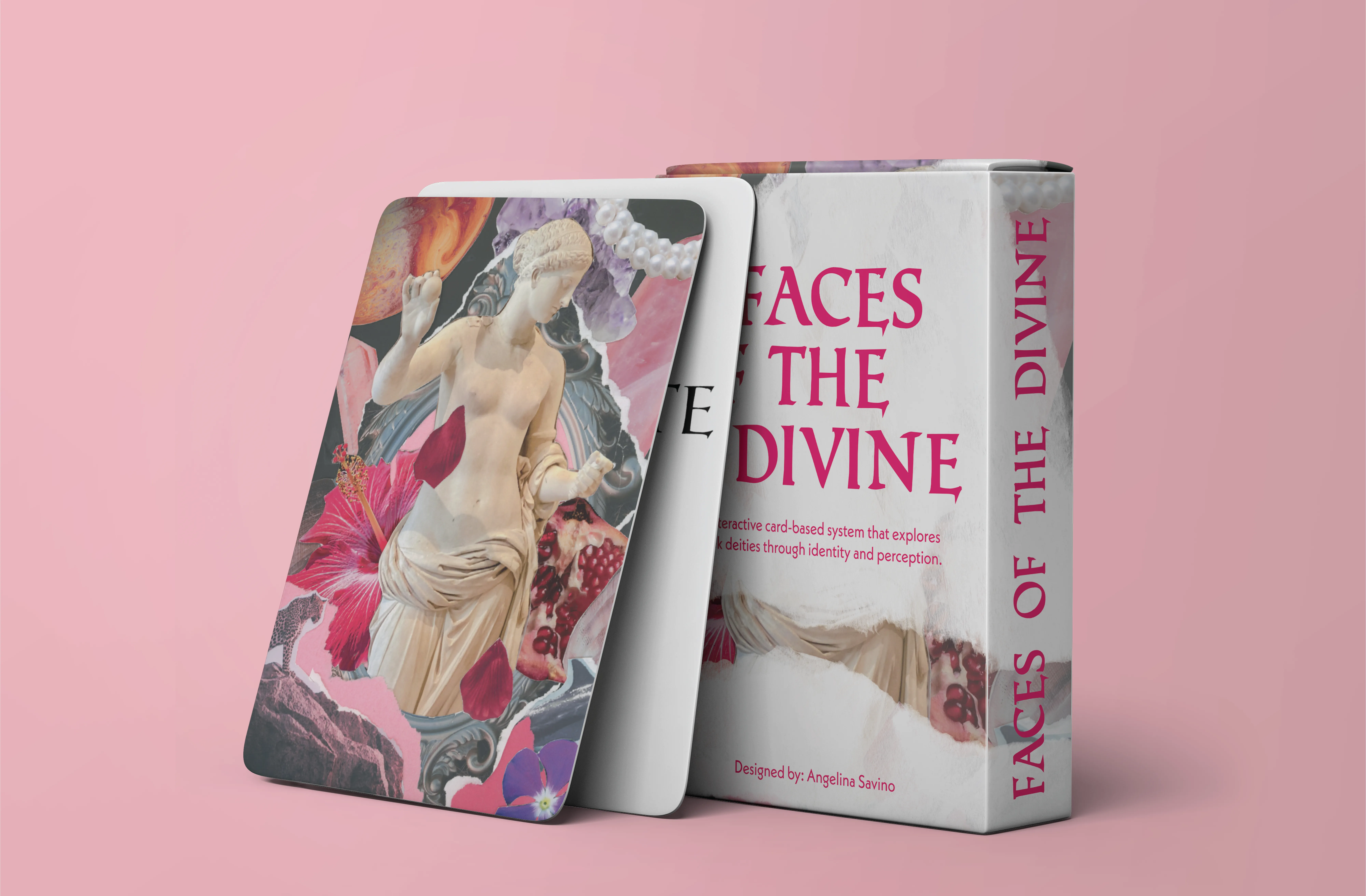 A card box titled ‘Faces of the Divine’ in pink serif type sits upright with 2 cards leaning against it. The cards feature a collage of a classical statue, flowers, and abstract textures on a pink background.