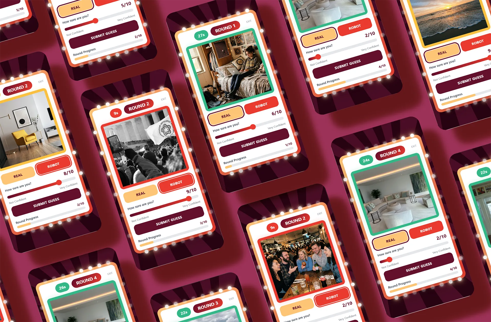 Game screen grid mockup showing multiple gameplay rounds