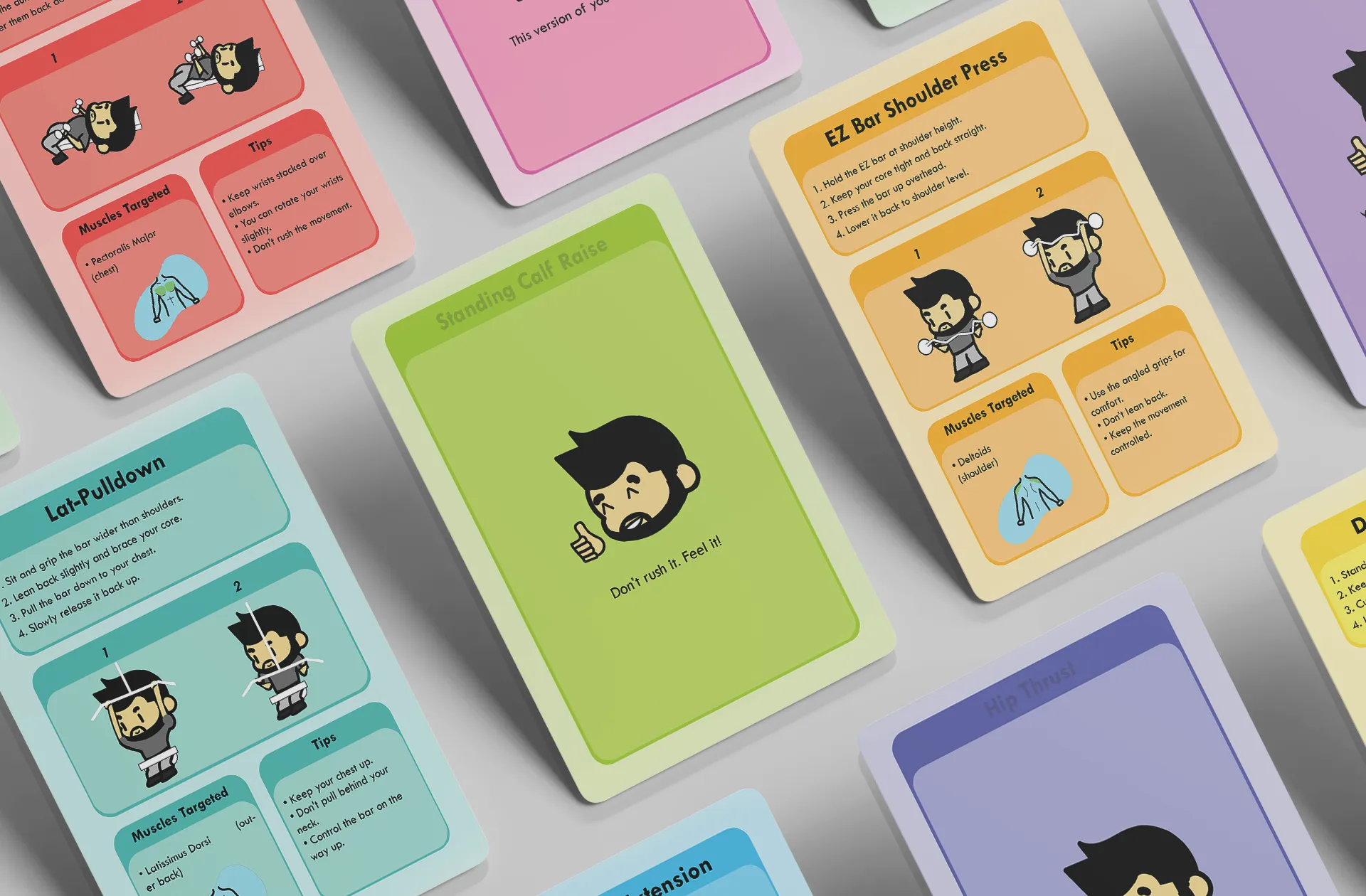 "miniFit" card deck stacked with cards on top, showing the character illustration and exercise layout up close.