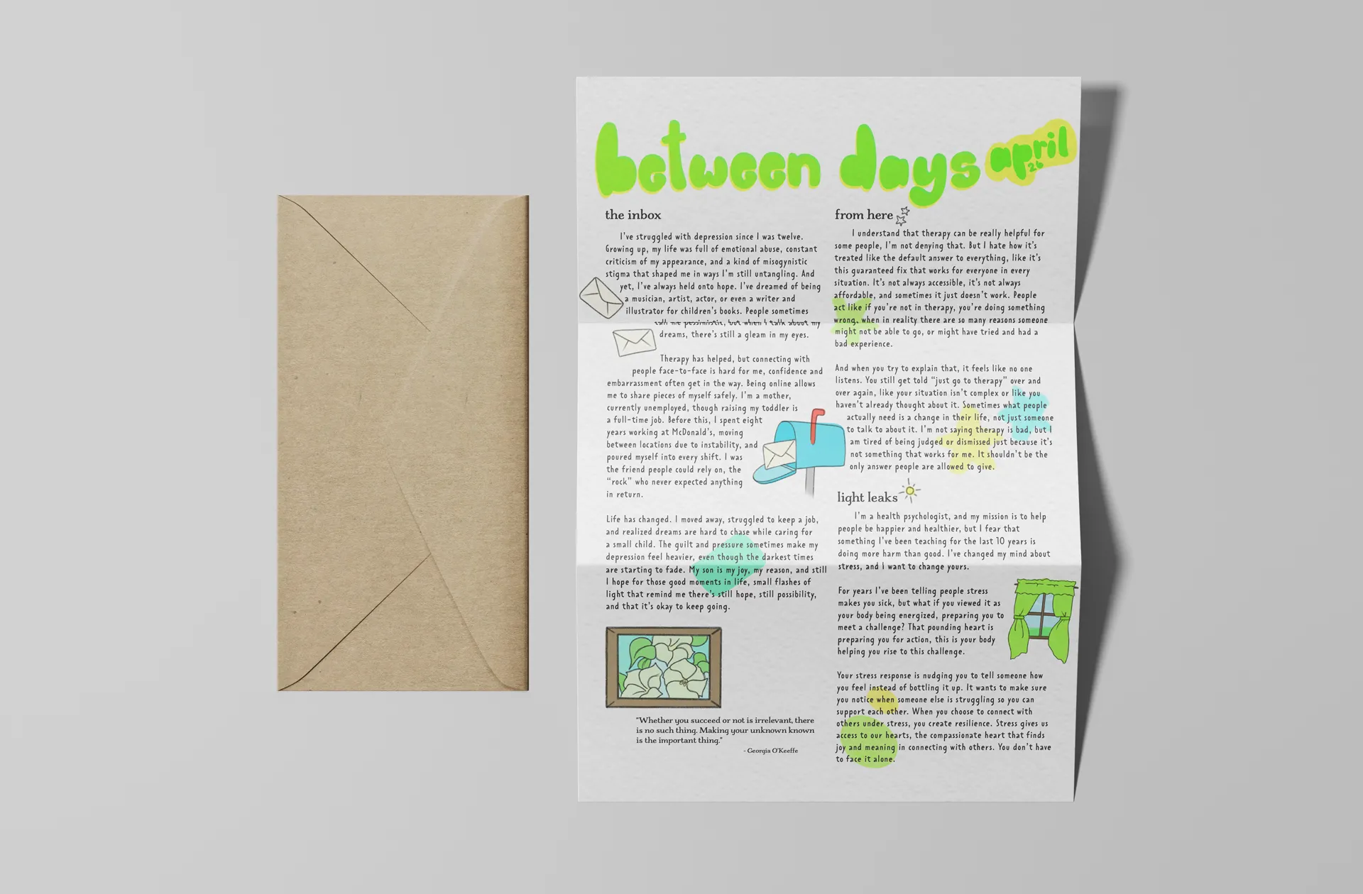 Newsletter page titled “between days April” in bright green bubble lettering, shown beside a brown envelope, with columns of text and small illustrations.