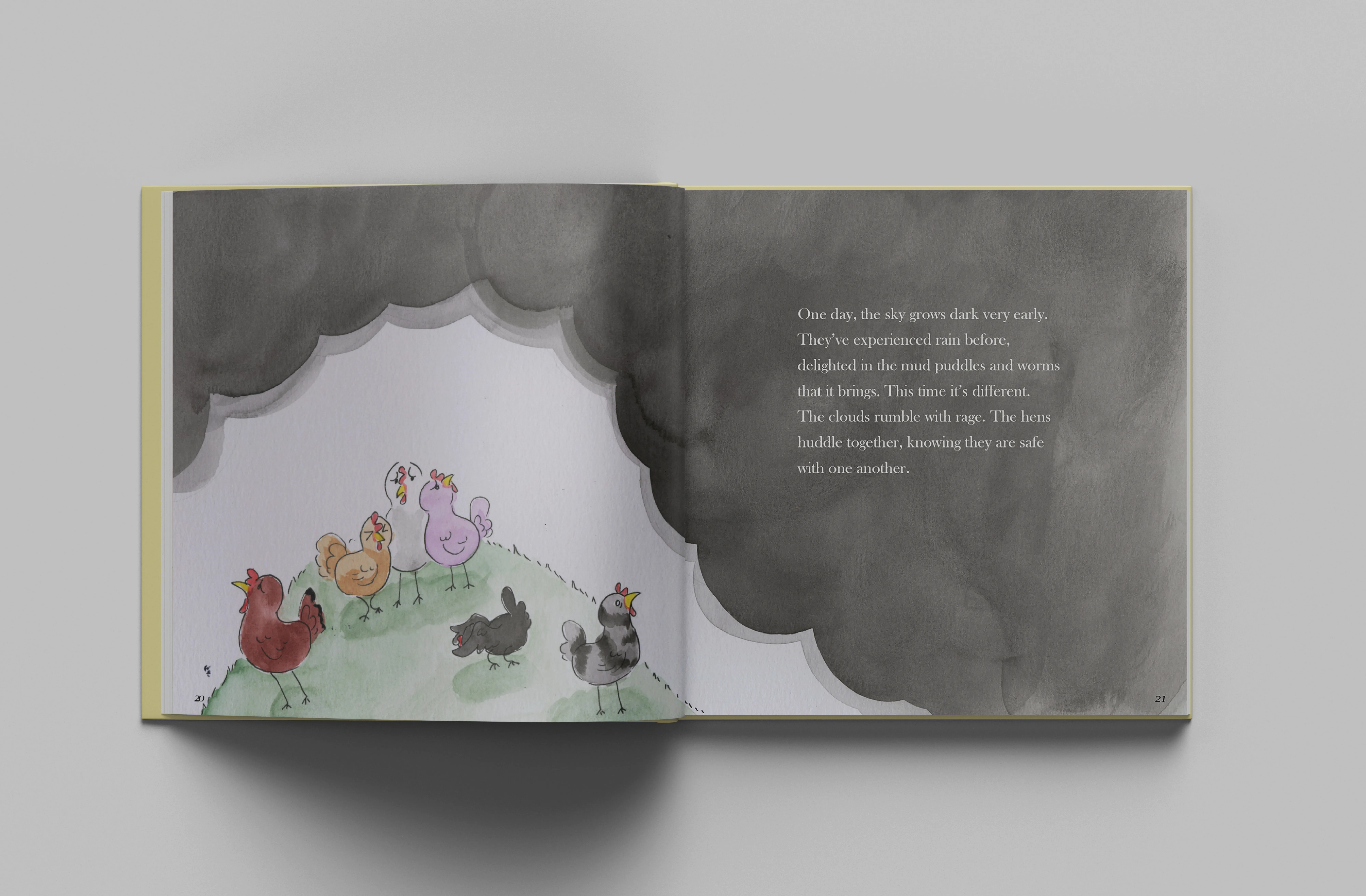 An interior spread from Hennifer: The Backyard Chicken featuring Hennifer and her friend discovering their first egg.