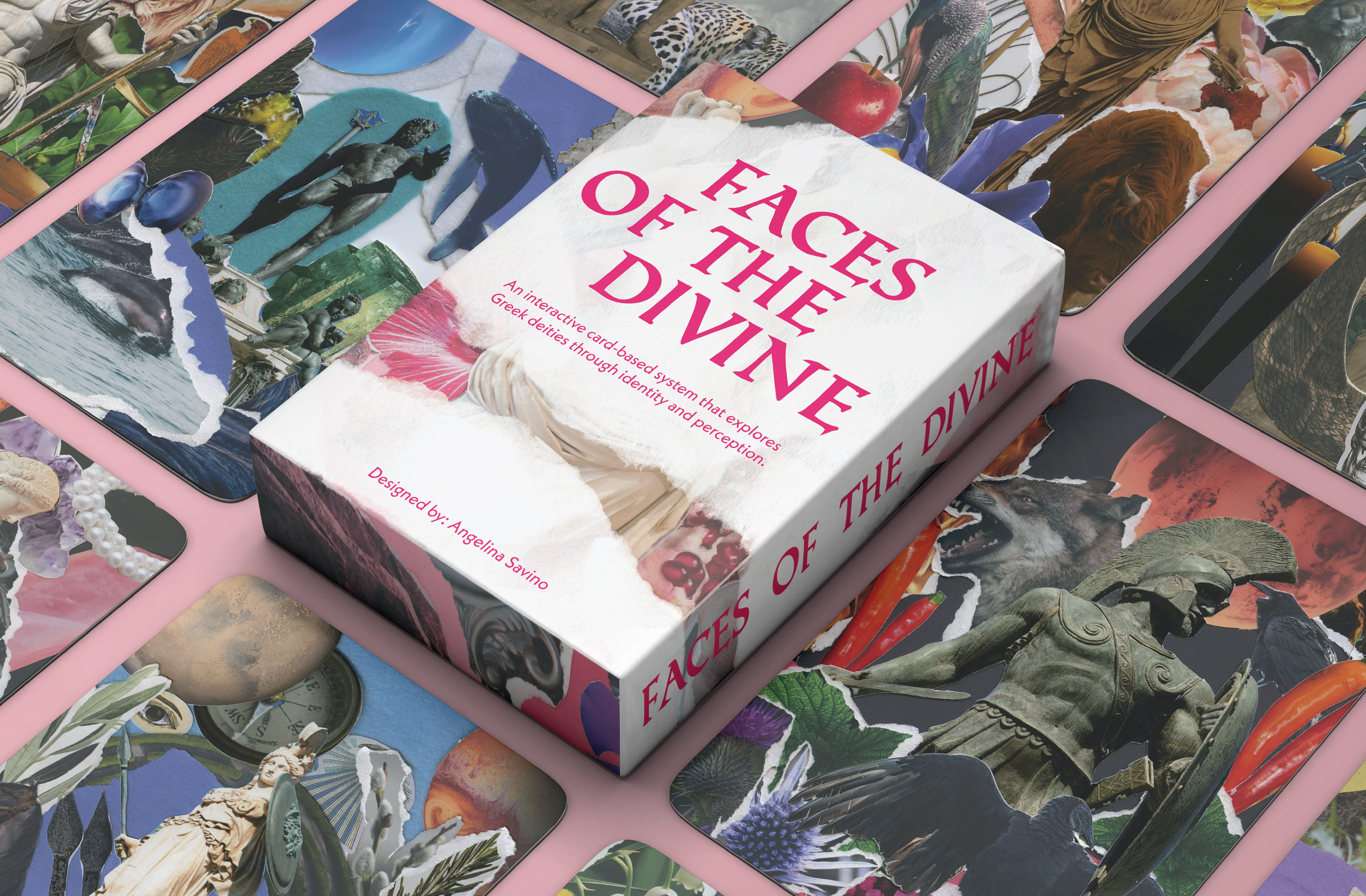 A card box titled ‘Faces of the Divine’ in pink serif type sits centered on a pink surface, surrounded by colorful collage-style cards featuring classical sculptures, animals, flowers, and natural elements.