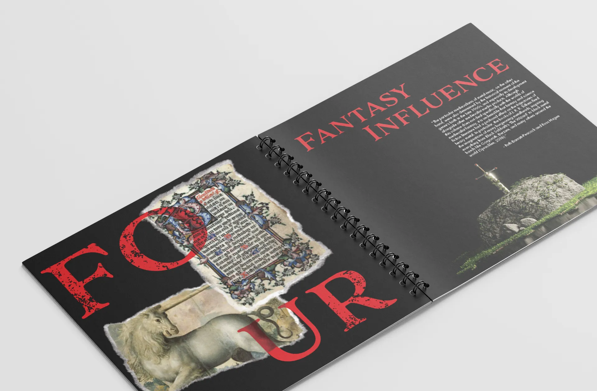 The spread of a spiral bound book. On the left page is a collage of medieval manuscripts and art of a unicorn. The word "Four," reads in bold lettering. On the right page is an image of a sword in a stone and the bold lettering that reads, Fantasy Influence."