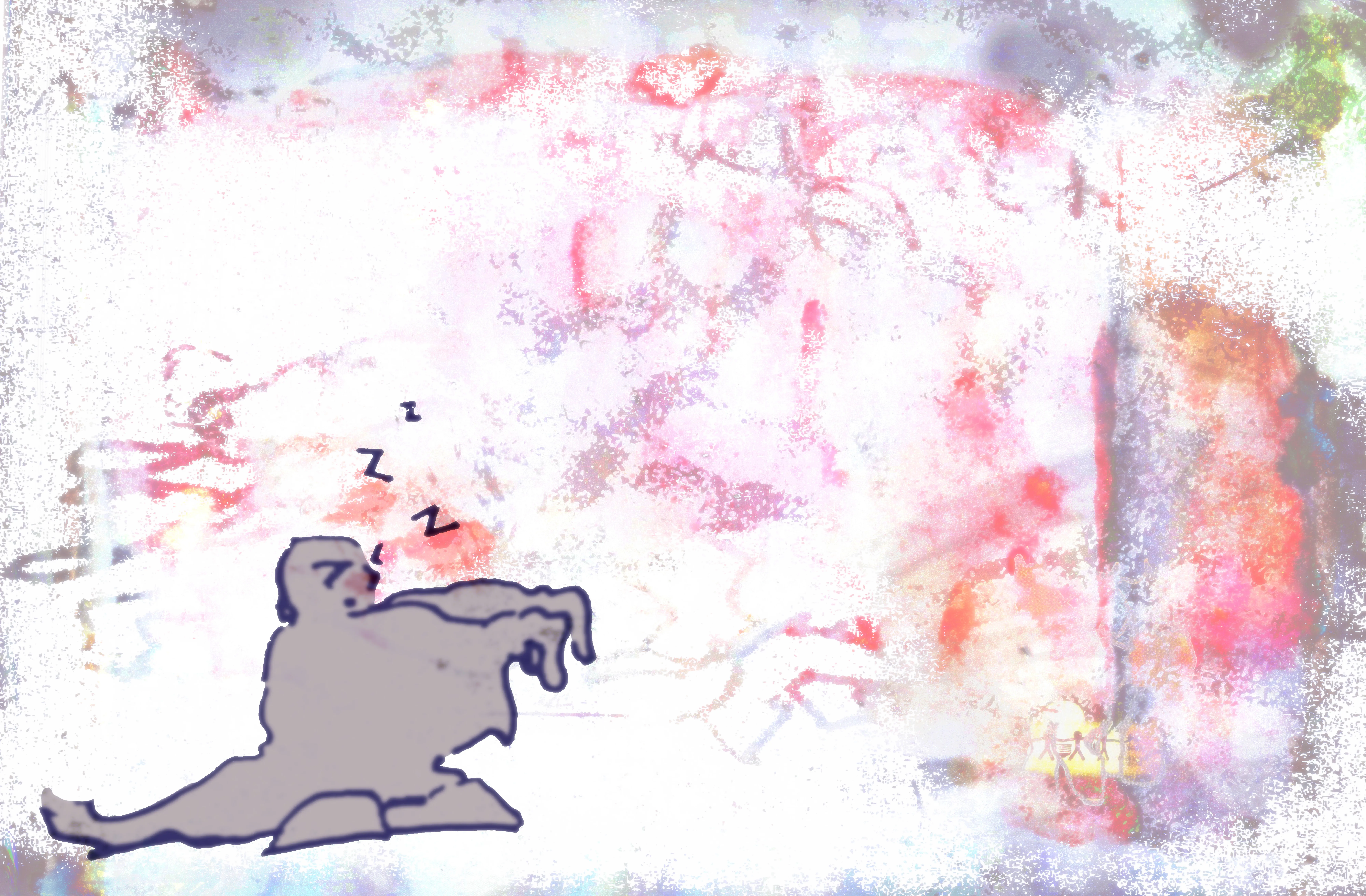 A colorful abstraction of a cartoon character sleep walking, with texture.