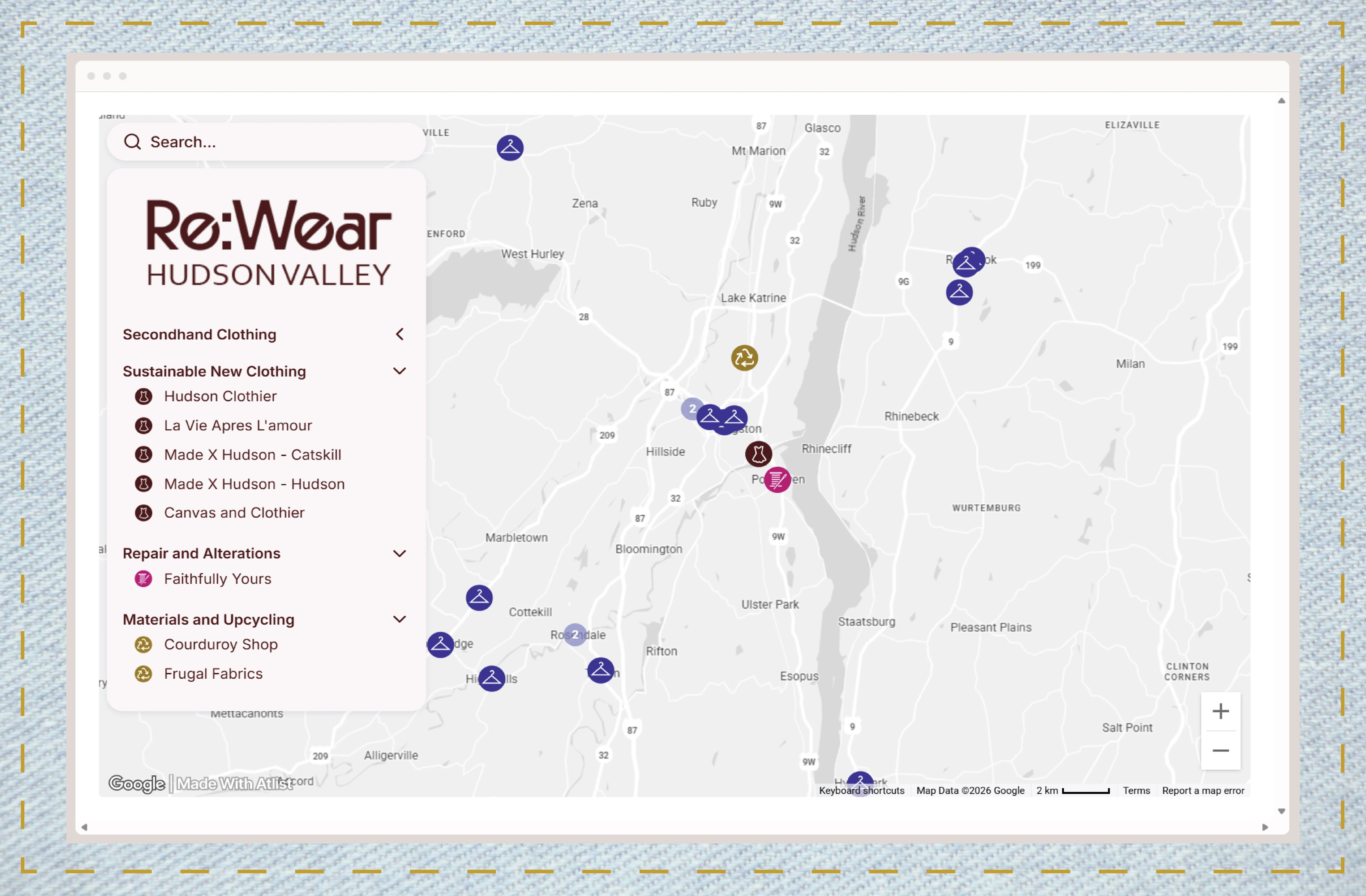 Map of sustainable fashion locations in the Hudson Valley