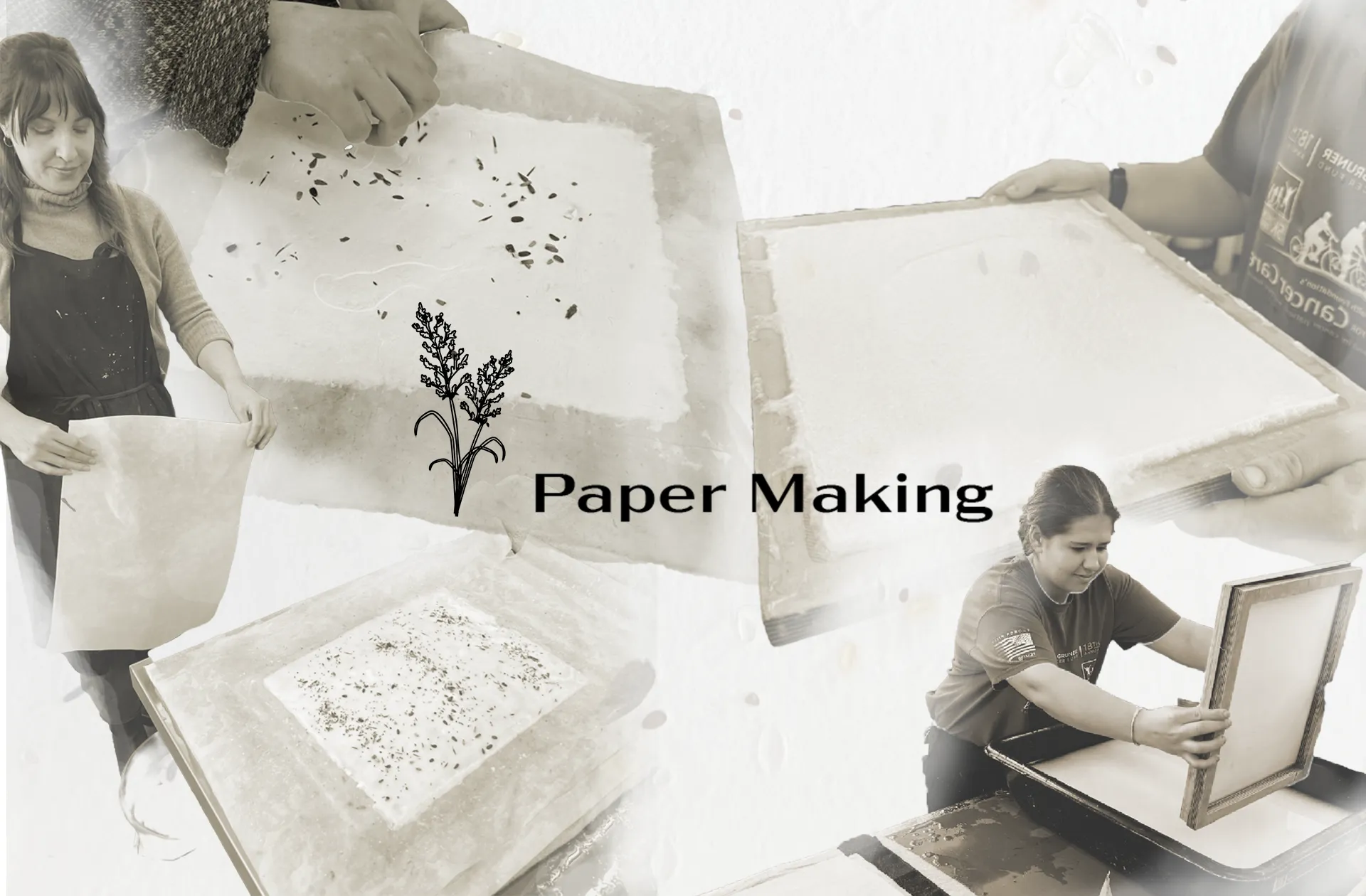 Black and white photo collage depicting the process of making the seed-infused paper, in the center is the Plant Local Logo.