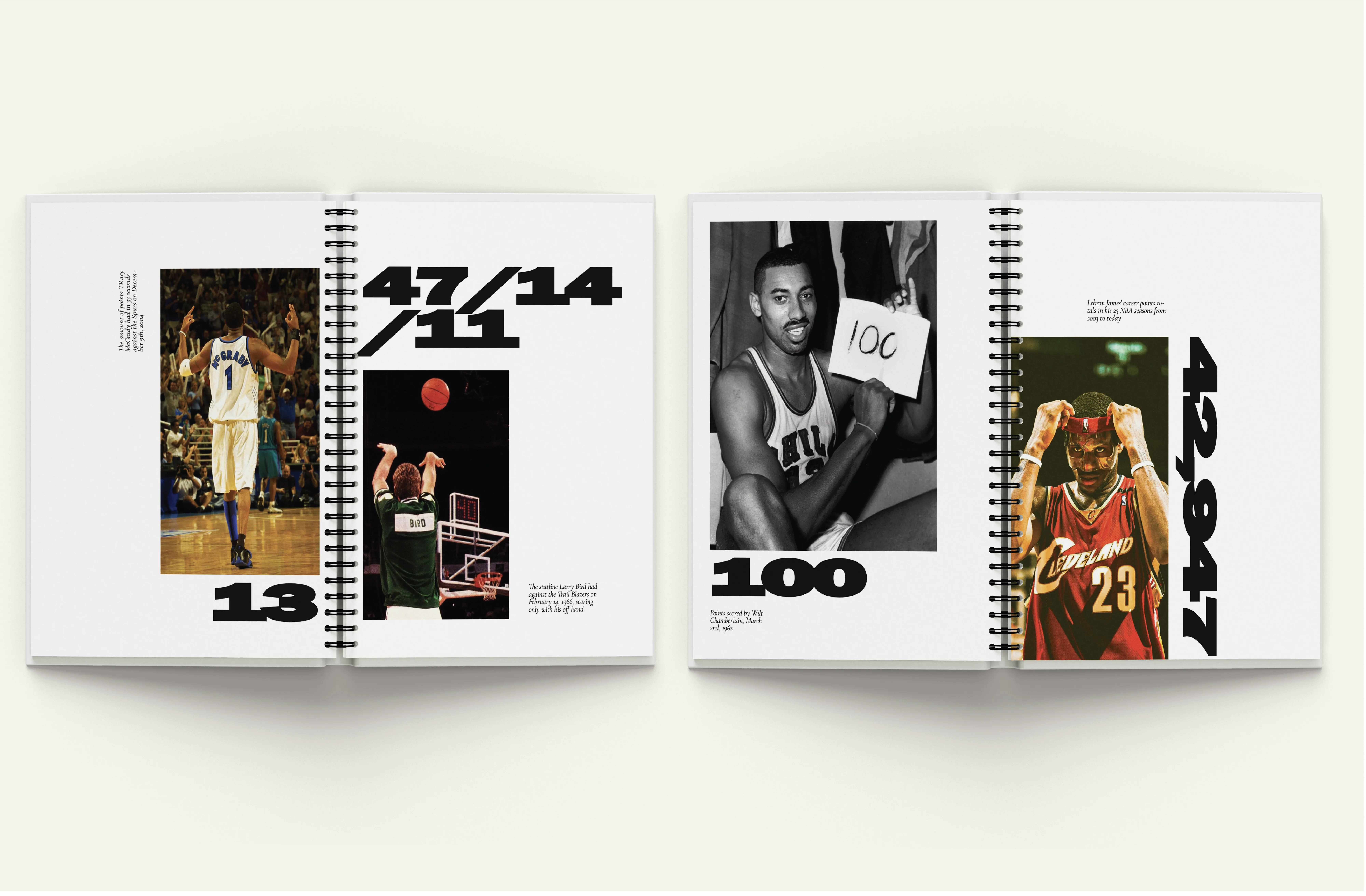 A spiral-bound book showing the most impressive stats from Larry Bird, Tracy McGrady, Wilt Chamberlain, and LeBron James.