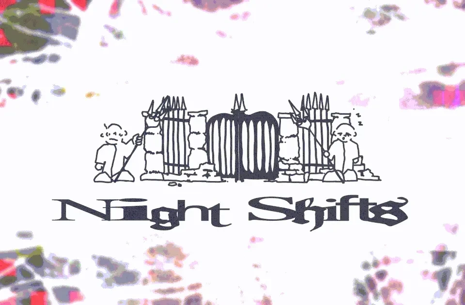 A title "Night Shifts" shifts back and forth across the screen the letter "I" grows and shrinks informing this movement. Above, a stop motion animation of cartoon characters hold pitchforks, perpetually guarding an opening and closing gate. In the background is an abstraction of color and light glowing and dimming as the video loops.